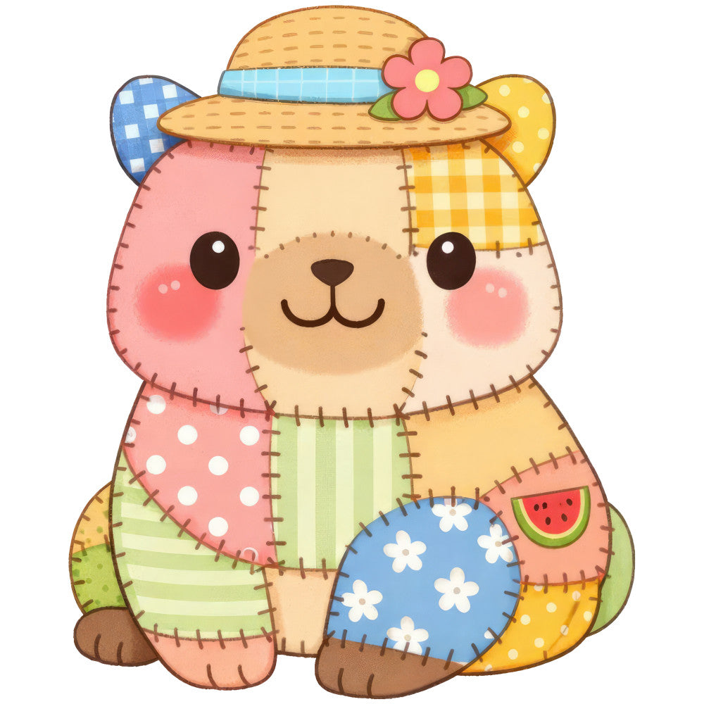 cute bear, patchwork, whimsical, animals, baby quilt, nursery, colorful, multi-colored, pastel colors, coral pink, sky blue, butter yellow, sage green, cream, brown, gingham, polka dots, stripes, plaid, checkered, floral, flower motif, watermelon, hat, playful, cheerful, children's, spring, summer, handmade style