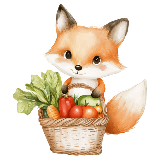 fox, woodland animals, cute animals, garden vegetables, tomatoes, carrots, lettuce, basket, whimsical, children's, baby, orange, cream white, sage green, red, rust orange, nature, farmhouse, nursery, storybook, illustration style, autumn, harvest, vegetable garden, folk art, playful, innocent, sweet, animal friends