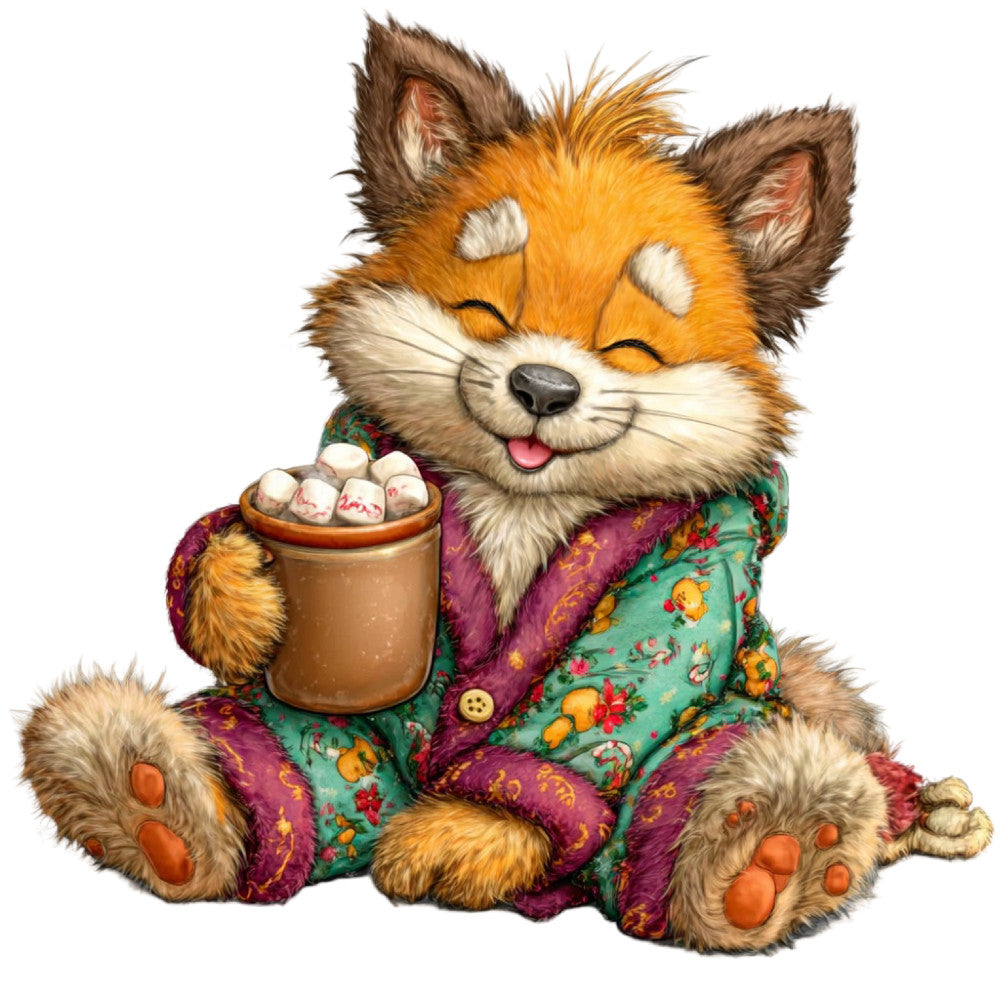 cute fox, whimsical animals, orange and teal, jewel tones, emerald green, burgundy purple, golden yellow, floral print, autumn colors, cozy woodland, character panel, children's fabric, playful style, folk art, folkloric design, animal illustration, sitting fox, tea cup, whimsical creatures, fall palette, multicolor pattern, decorative motifs, nursery theme, storybook style, cheerful design, winter animals, cottage core, traditional folk, warm colors, charming character