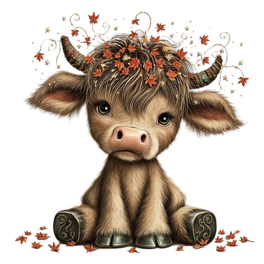 autumn, fall, highland cattle, scottish, whimsical, cute animals, boho, bohemian, rustic, farmhouse, nature, woodland, bronze, tan, cream, rust orange, burnt orange, decorative horns, maple leaves, fall foliage, cozy, charming, folk art, illustrated, storybook, children's, baby, nursery, wall hanging, decorative panel
