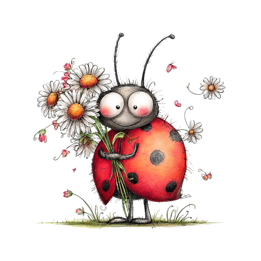 ladybug, red, orange, yellow, white, black, green, floral, daisy, flowers, whimsical, cute, children, nature, spring, summer, animals, insects, butterfly, garden, cheerful, playful, folk art, decorative, nursery, baby, illustration, botanical, countryside