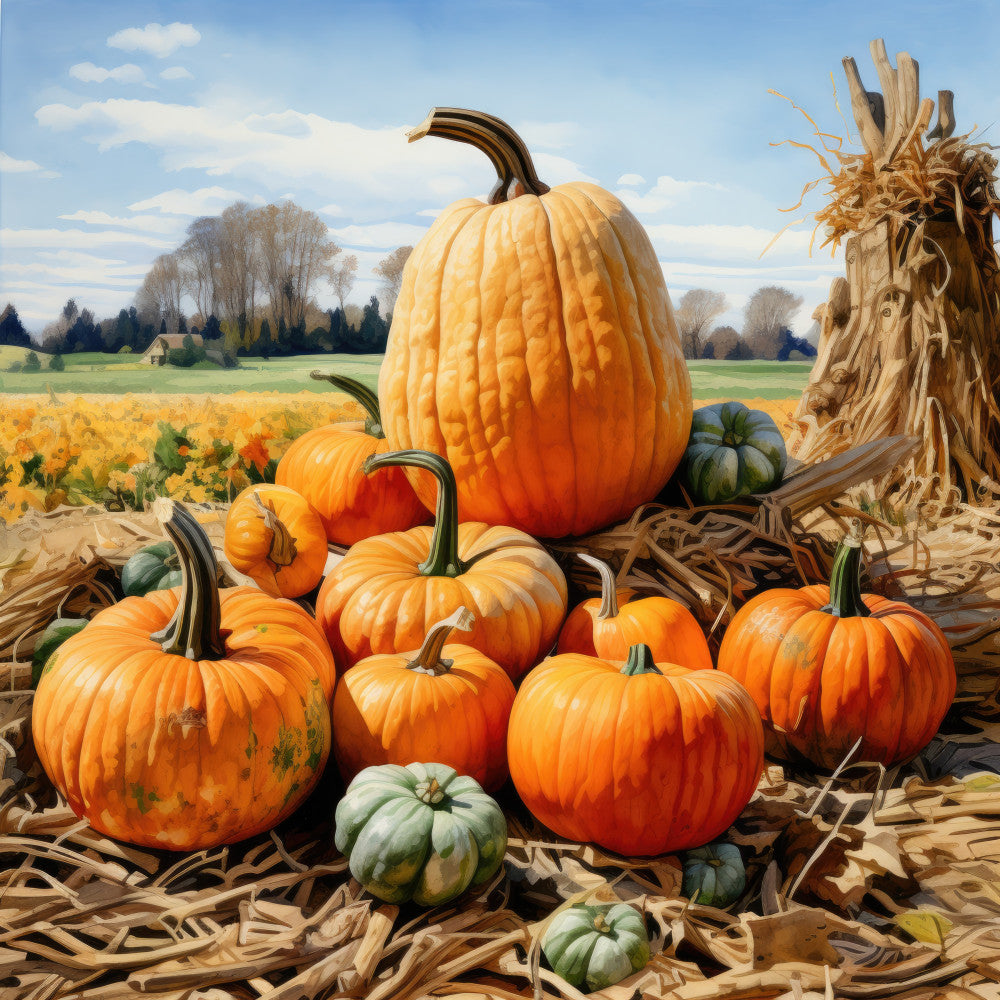 pumpkin orange, golden yellow, burnt orange, sage green, cream, cornfield, autumn harvest, fall, pumpkin patch, farmhouse, rustic, seasonal, countryside, agricultural, corn stalks, dried corn, nature, harvest theme, thanksgiving, seasonal decor, wall hanging, home décor, farm scene, pastoral landscape, traditional, warm tones, october, seasonal decoration