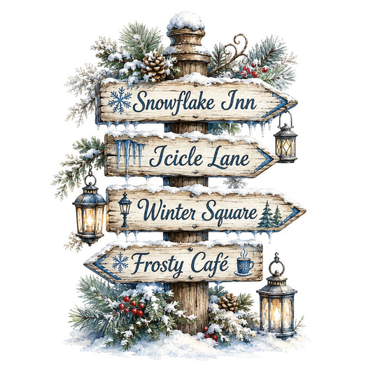 winter directional signs, snow-covered wooden signs, snowflake inn, icicle lane, winter square, frosty cafe, cream beige, navy blue, forest green, burgundy red, rustic winter, holiday themed, christmas, winter village, directional signage, lanterns, pine branches, holly berries, icicles, snow embellishments, whimsical, vintage charm, farmhouse style, festive, seasonal winter, winter home decor, woodland elements, cozy cottage style