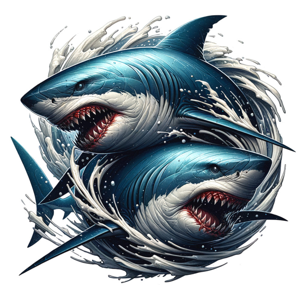 teal blue, navy blue, white, red, angry sharks, open mouths, sharp teeth, water splash, ocean waves, marine animals, fierce expression, circular design, dynamic movement, fabric panel, quilting cotton, sea creatures, predator fish, aquatic theme, splashing water, dramatic artwork