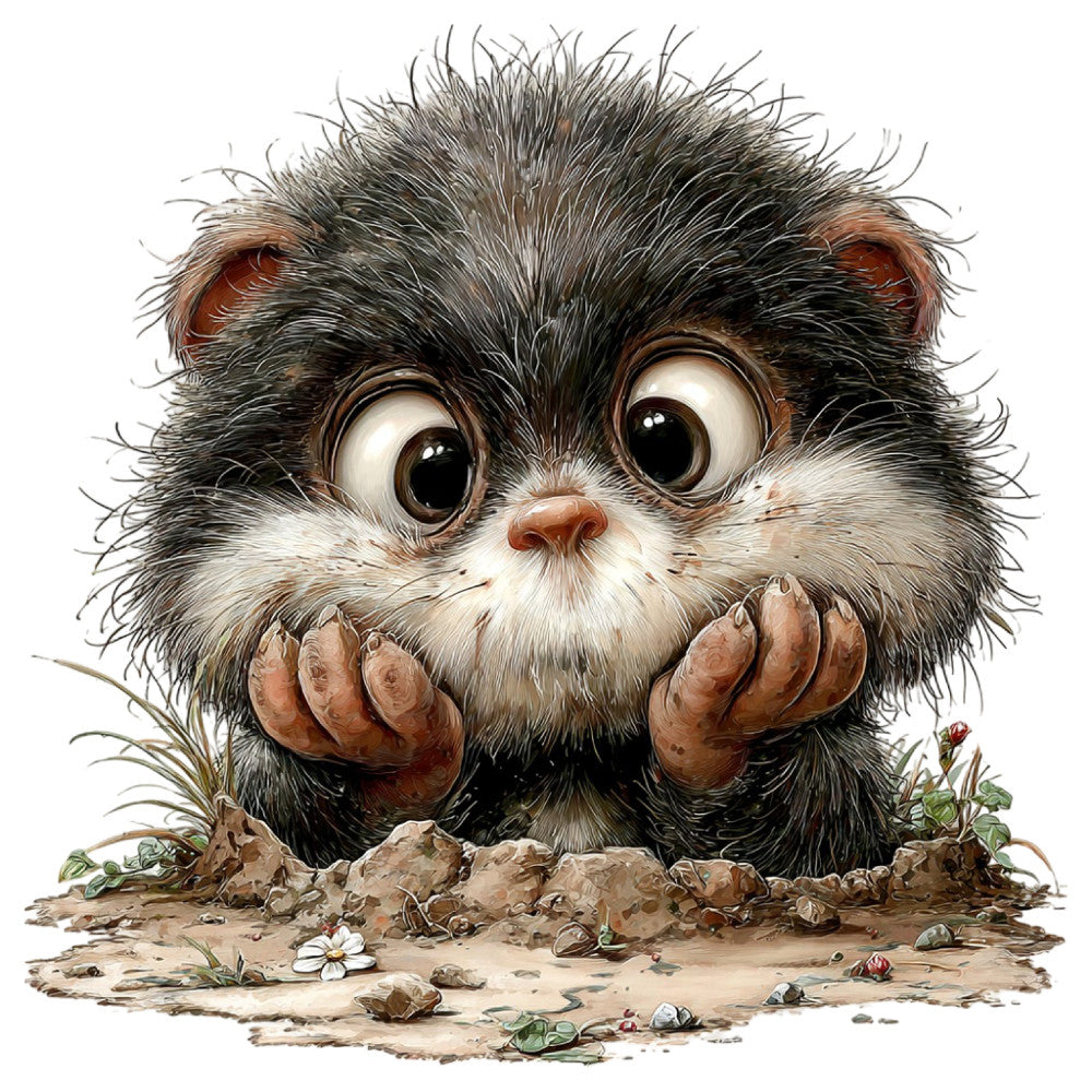 cute animal, whimsical creature, fantasy character, adorable monster, big eyes, expressive face, earth tones, charcoal gray, warm brown, cream white, rust orange, nature theme, woodland, rocky ground, magical, playful, children's illustration, storybook style, detailed artwork, character design, kids fabric, nursery decor, bedding print, apparel fabric, quirky style, folk art, illustration art, creature motif, childlike wonder, enchanted forest