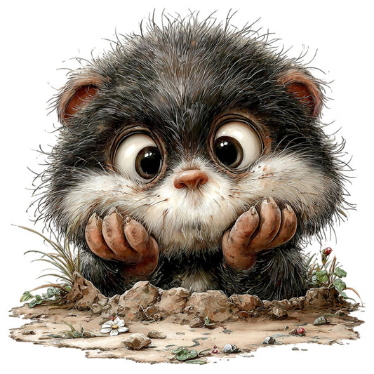 cute animal, whimsical creature, fantasy character, adorable monster, big eyes, expressive face, earth tones, charcoal gray, warm brown, cream white, rust orange, nature theme, woodland, rocky ground, magical, playful, children's illustration, storybook style, detailed artwork, character design, kids fabric, nursery decor, bedding print, apparel fabric, quirky style, folk art, illustration art, creature motif, childlike wonder, enchanted forest