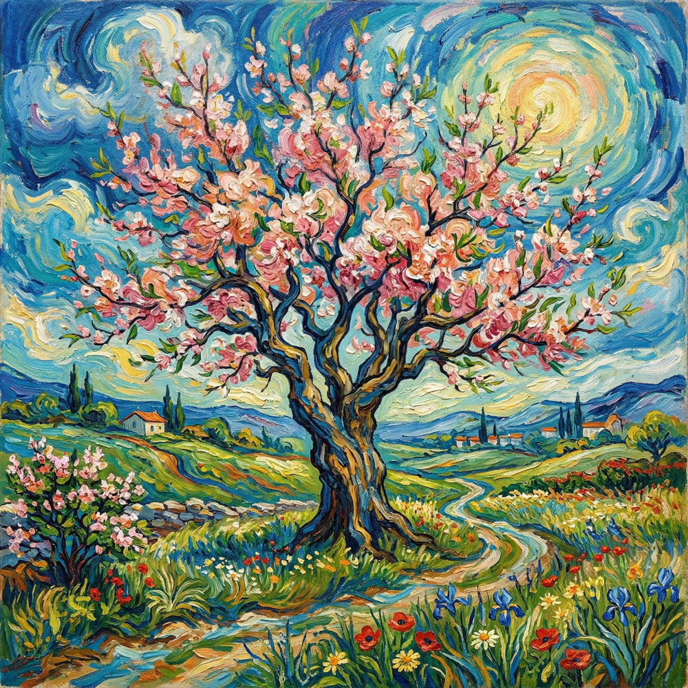 blooming tree, cherry blossoms, swirling sky, van gogh inspired, post-impressionist, starry night style, pink flowers, blue sky, golden yellow, deep blue, turquoise, sage green, rustic landscape, countryside, tuscan, cypress trees, rolling hills, cottage core, spring blooms, floral landscape, botanical, nature scene, whimsical, artistic, romantic, garden theme, wildflowers, landscape painting, wall art, decorative panel