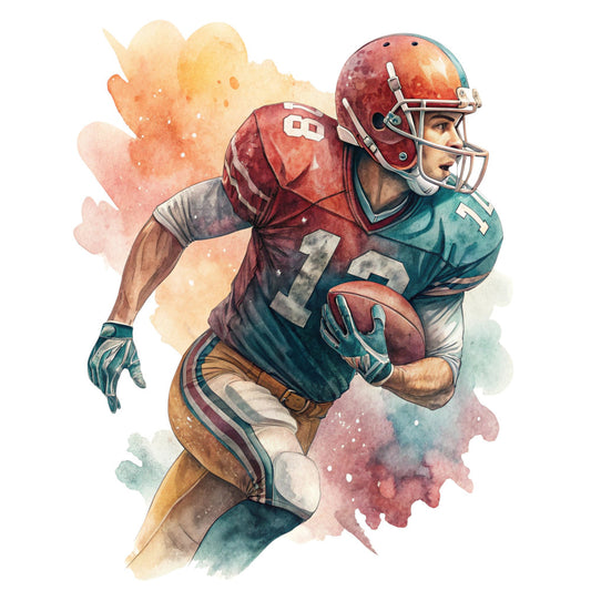 football, sports, watercolor, abstract, maroon, burgundy, teal, cream, burnt orange, rust, gold, athlete, player, male figure, watercolor splash, artistic, modern, contemporary, dynamic, action pose, masculine, competitive spirit, hobby, recreation, gift, wall art, home decor, teen boy, man cave, sports fan