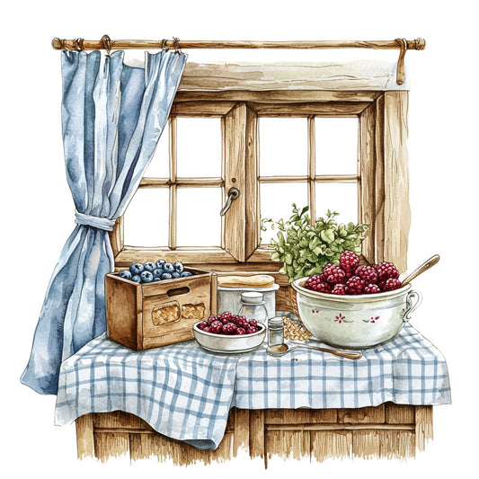 blue gingham, kitchen window, wooden frame, fruit bowls, blueberries, cranberries, checkered tablecloth, watercolor style, cottage core, rustic kitchen, fabric panel, quilting cotton, country style, pastoral scene, still life, soft blue curtains, wooden texture, farmhouse aesthetic, berry harvest, cozy interior