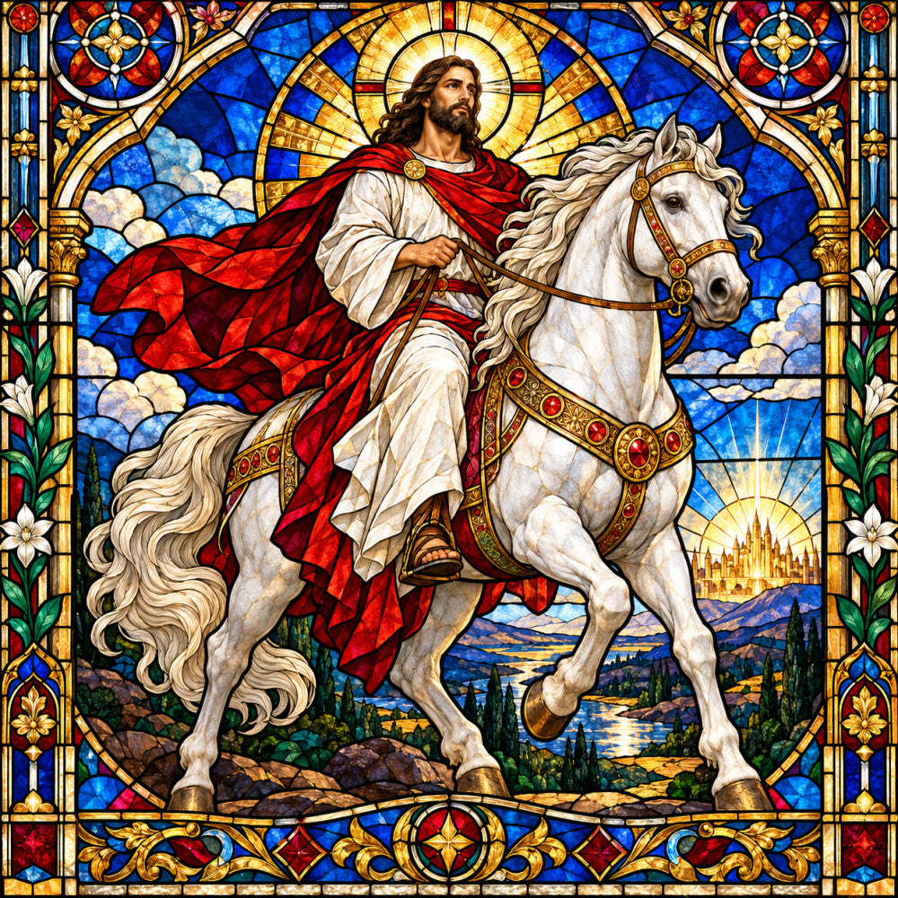 stained glass, religious, spiritual, jesus christ, holy figure, halo, white horse, red cape, ornate, gold accents, deep blue, cream, jewel tones, traditional, elegant, celestial, landscape, clouds, renaissance, heavenly, noble, majestic, decorative border, religious art, christian, sacred, vintage religious, dramatic, flowing fabric, ornamental
