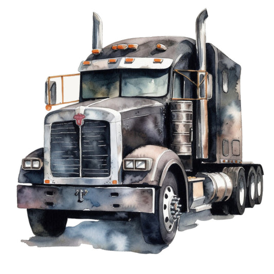 watercolor, semi truck, big rig, transportation, vehicle, gray, black, orange, chrome, exhaust stacks, fabric panel, quilting cotton, automotive, masculine, realistic art, truck cab, wheels, grille, painterly style, soft edges