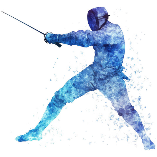 fencing, sports, athletic, foil, sword, watercolor, abstract, blue, navy blue, royal blue, cyan, light blue, aqua, geometric, splatter, modern, dynamic, action, masculine, epee, competitive, silhouette, figure, person, athlete, contemporary, energetic, motion, water effect