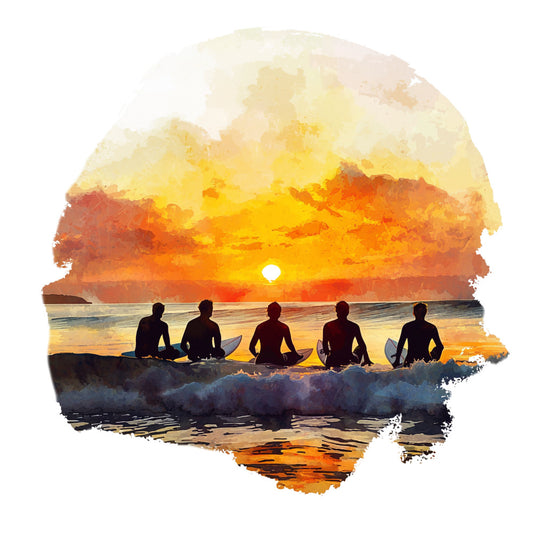sunset, ocean waves, silhouettes, surfboards, surfers, watercolor style, orange sky, yellow horizon, golden tones, beach scene, coastal theme, fabric panel, quilting cotton, seascape, dramatic clouds, water reflection, summer vibes, california lifestyle, artistic rendering, peaceful mood