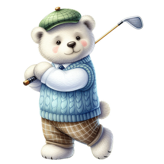 white bear, golf theme, sport, plaid, brown plaid, light blue, sage green, tan, cream, vintage style, whimsical, cute animals, teddy bear, golfer, golf clubs, preppy, traditional, retro, gentleman bear, cap, sweater, cozy, children's, nursery, baby, playful, charming, illustration, storybook