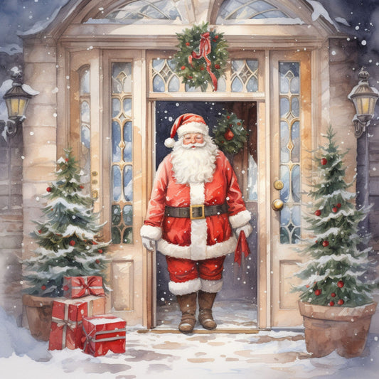 santa claus, christmas scene, red suit, white beard, snowy doorway, winter landscape, holiday wreath, evergreen trees, gift boxes, lanterns, falling snow, warm lighting, festive decorations, fabric panel, quilting cotton, watercolor style, cozy atmosphere, front porch, holly berries, seasonal motif