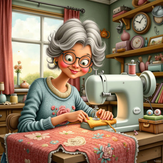 grandmother, sewing, vintage, whimsical, craft room, hobby, nostalgic, retro, coral pink, sage green, gray hair, glasses, character panel, storybook, illustration, playful, charming, crafty, floral, domestic, heartwarming, cottage core, cozy, thread, buttons, sewing machine, creative, quirky, artistic, folk art style