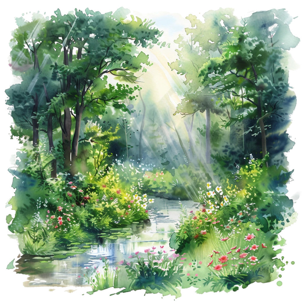 watercolor style, forest scene, green foliage, sunlight rays, flowering plants, stream water, trees, nature landscape, summer theme, botanical elements, peaceful mood, soft brushstrokes, pink flowers, white blooms, dappled light, woodland setting, fabric panel, quilting cotton, artistic painting, serene atmosphere