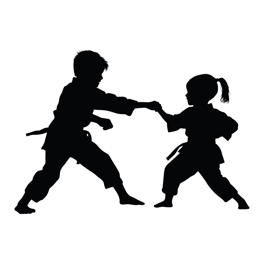 martial arts, karate, children, kids, silhouette, black, monochrome, sports, action, fighting, combat, dojo, judo, ninja, dynamic, movement, boy, girl, asian, traditional, active wear, athletic, instruction, training, discipline, strength, warrior, bold, graphic, contemporary