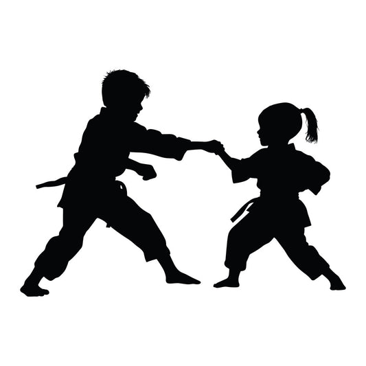 martial arts, karate, children, kids, silhouette, black, monochrome, sports, action, fighting, combat, dojo, judo, ninja, dynamic, movement, boy, girl, asian, traditional, active wear, athletic, instruction, training, discipline, strength, warrior, bold, graphic, contemporary