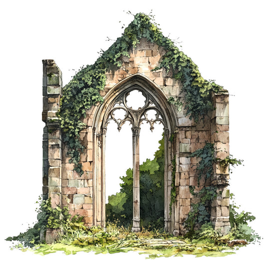 fabric panel, gothic architecture, medieval ruins, stone archway, ivy covered walls, watercolor style, english countryside, ancient abbey, weathered stonework, overgrown vegetation, romantic ruins, historical building, arched windows, crumbling walls, nature reclaiming, moss green, sandstone beige, earthy tones, botanical elements, antiqued appearance