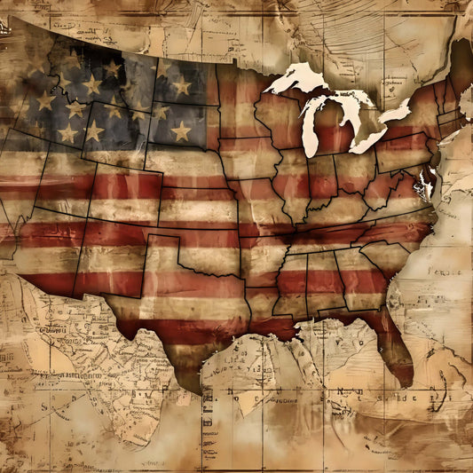 vintage american flag, patriotic, stars and stripes, distressed, aged paper, tan, cream, red, navy blue, antique map, historic, americana, rustic, traditional, nostalgic, independence day, memorial day, heritage, geography, cartography, wall hanging, quilt panel, timeless, weathered, colonial, historical documents, classic american, neutral tones, masculine
