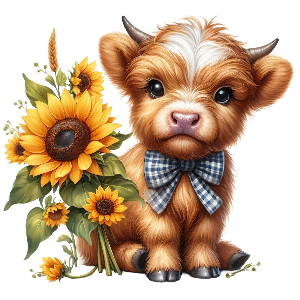 Rustic Sunflower Highland Cows Fabric Panel 16