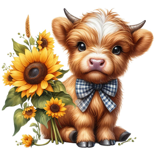 Rustic Sunflower Highland Cows Fabric Panel 16