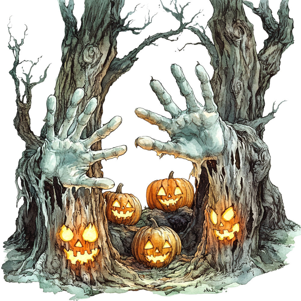 halloween, haunted tree, jack-o-lantern, pumpkins, zombie hands, spooky, gothic, dark forest, glow-in-the-dark, forest green, gray, tan, orange, cream, eerie, creepy, autumn, fall, horror, supernatural, whimsical, illustration, woodland, skeleton hands, glowing faces, scary, trick-or-treat, monster, wall hanging, home decor
