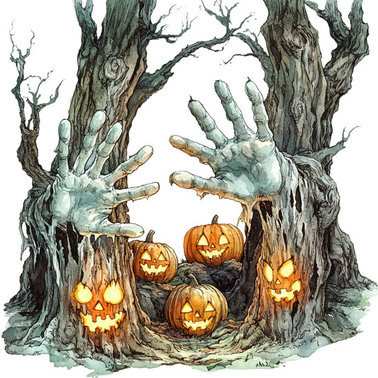 halloween, haunted tree, jack-o-lantern, pumpkins, zombie hands, spooky, gothic, dark forest, glow-in-the-dark, forest green, gray, tan, orange, cream, eerie, creepy, autumn, fall, horror, supernatural, whimsical, illustration, woodland, skeleton hands, glowing faces, scary, trick-or-treat, monster, wall hanging, home decor