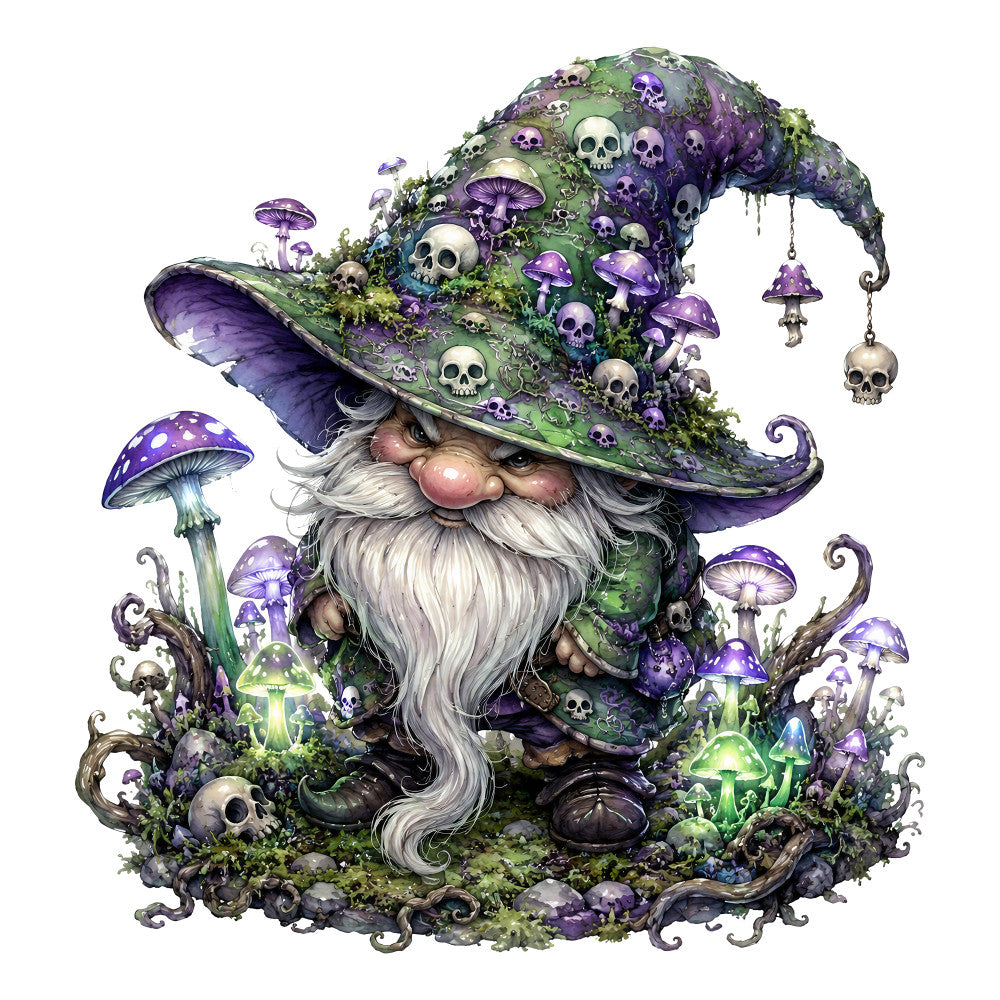 purple, green, cream, white, gray, dark purple, forest green, moss green, skull, mushroom, gnome, wizard, gothic, whimsical, dark fantasy, spooky, magical, nature, forest, woodland, halloween, autumn, dark academia, mystical, skulls and mushrooms, enchanted, witchy, goth, celestial, fantasy creature
