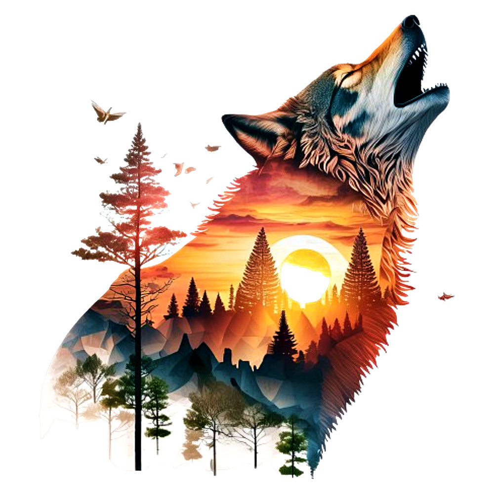 wolf howling, forest sunset, nature scene, wildlife, animal silhouette, trees, evergreen, pine trees, mountains, landscape, double exposure, golden yellow, orange, rust, deep blue, teal, autumn colors, fall, nature themed, rustic, woodland, scenic, birds flying, celestial, wall art, home decor, nature lover, bohemian, modern, inspirational