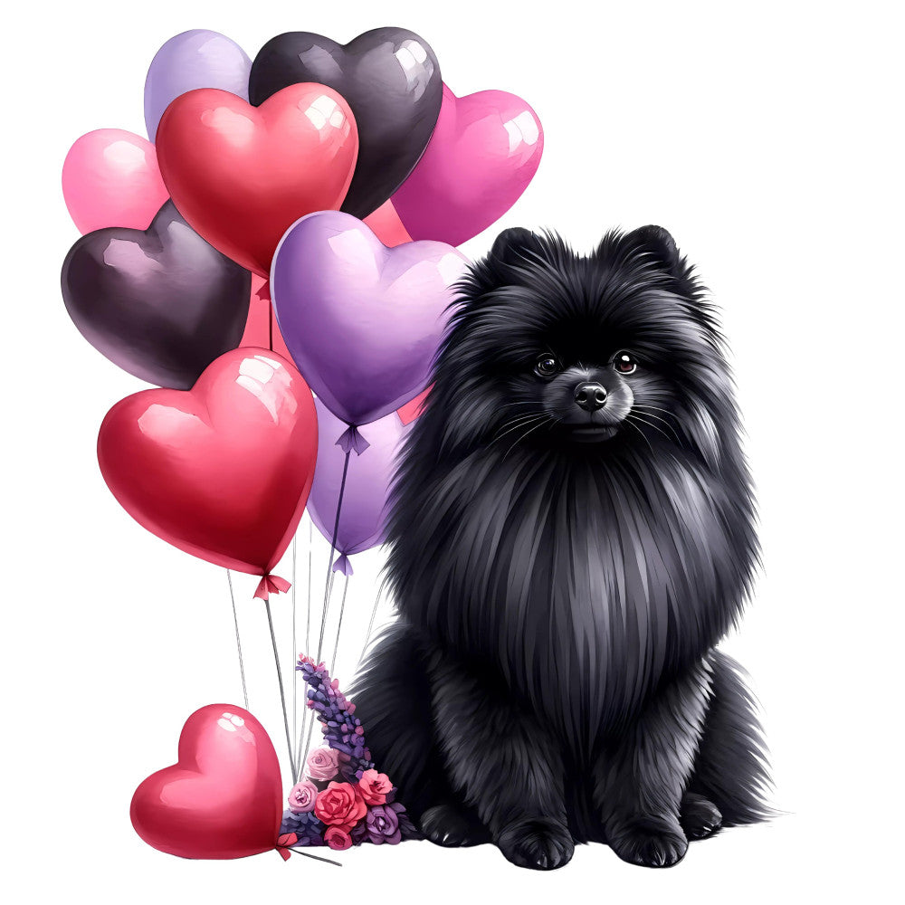 black pomeranian, heart balloons, pink hearts, red hearts, purple hearts, black hearts, dog lovers, pet themed, valentine's day, love themed, floral accents, roses, romantic, whimsical, cute animals, small dog breed, festive, celebration, gift giving, decorative balloon, shiny metallic hearts, multi-color hearts, pet portrait, animal illustration, sweet sentiment, love and affection, playful style, companionship themed