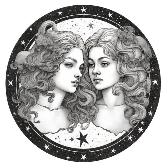 grayscale, black and white, monochrome, celestial, stars, gemini, zodiac, twins, mystical, ethereal, vintage, elegant, whimsical, portrait, faces, flowing hair, night sky, starry, cosmic, romantic, classical, ornate, literary, botanical, women, figures, decorative, mysticism, astrology, constellation