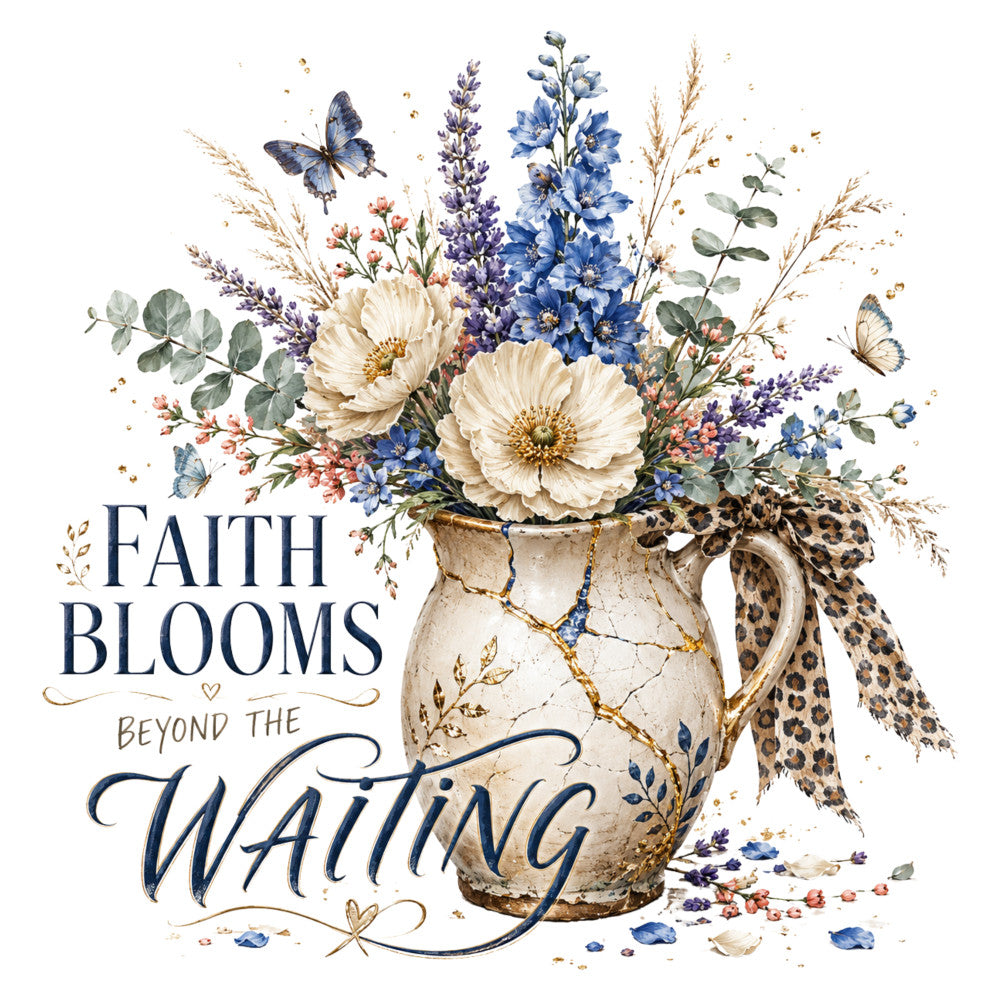 faith blooms, cream white, navy blue, dusty purple, floral, botanical, butterflies, daisies, wildflowers, delphinium, lavender, eucalyptus, vintage, rustic, elegant, whimsical, inspirational, nature, spring, summer, cottagecore, farmhouse, gerbera daisies, flower arrangement, vase, leopard print ribbon, gold accents, pastel, watercolor style, spiritual