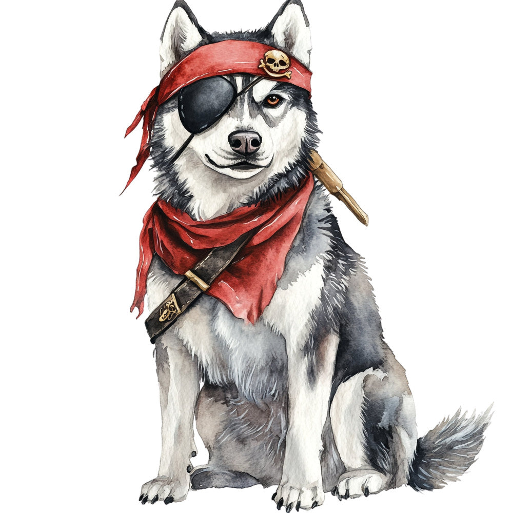 pirate dog, husky, black and white, red bandana, eye patch, skull and crossbones, adventure, whimsical, playful, nautical, animal characters, dog portrait, humorous, fun, children's, nursery, cartoon style, coastal theme, mischievous, character panel, pet themed, gray and white, crimson red, bold patterns, novelty, storybook, quirky style, anthropomorphic animals