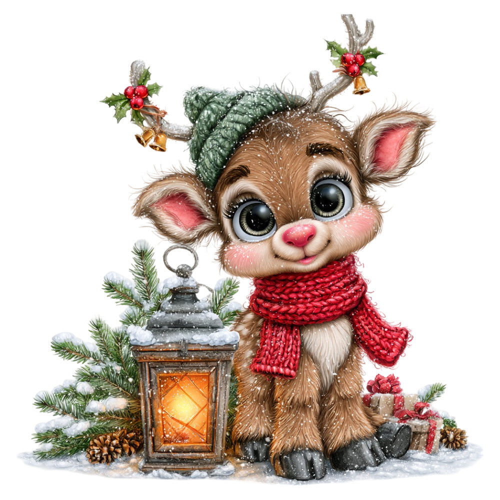 reindeer, christmas, holiday, festive, winter, snow, cute animals, whimsical, children's, baby, red scarf, knit scarf, lantern, holly berries, bells, golden yellow, cream, brown, forest green, coral pink, ivory, rustic, cozy, seasonal, gift giving, woodland creatures, antique lantern, evergreen branches, pinecones, wrapped presents