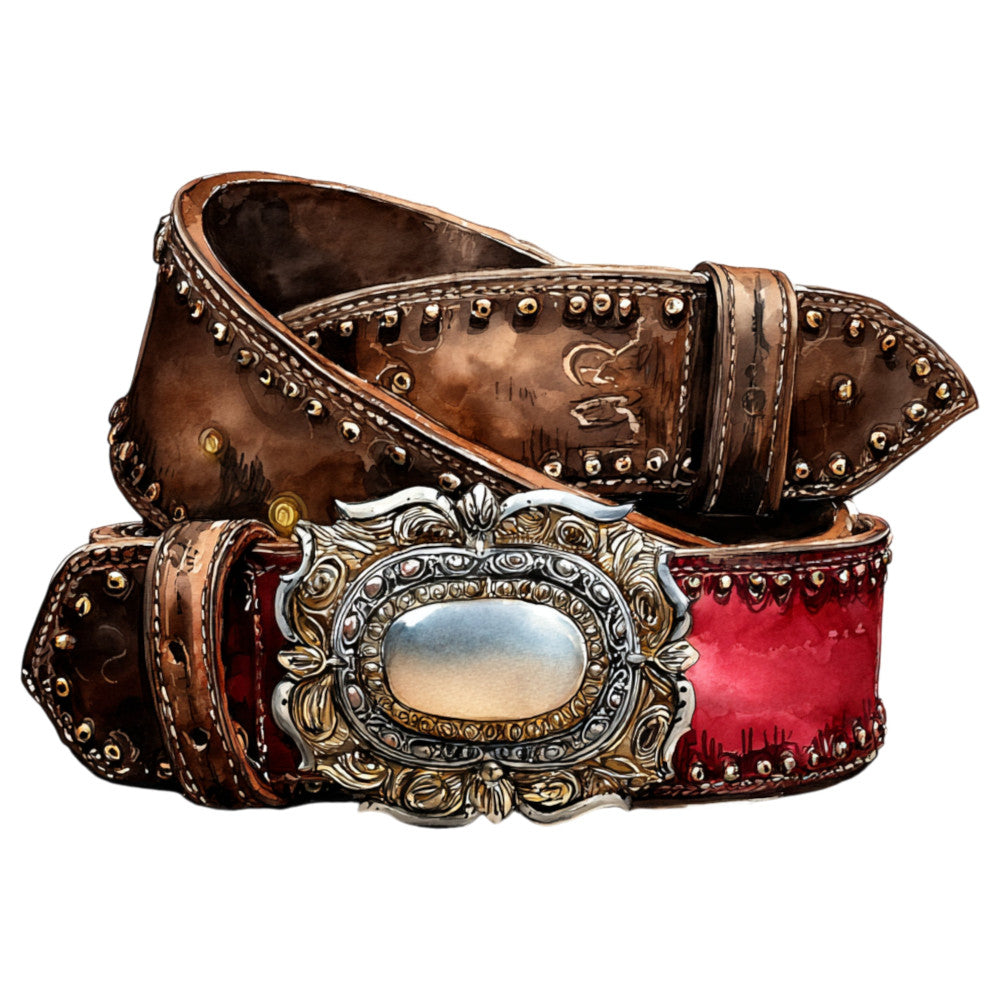 western, cowboy, rodeo, leather, brown, burgundy red, studded, ornate buckle, vintage, rustic, country, equestrian, saddle, boots, wild west, native american, southwestern, ornamental, metallic accents, bold buckle, tooled leather, horse gear, traditional western, decorative belt, classic western wear, ranch style, western heritage, frontier, antique bronze, deep red