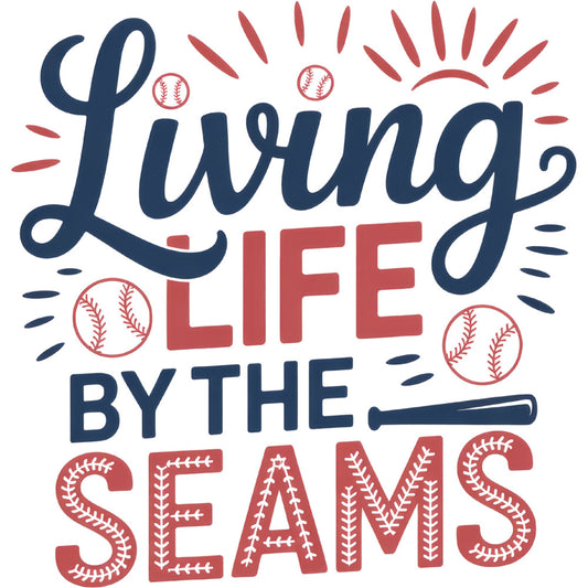 navy blue, coral red, baseball, sports, living life by the seams, inspirational, quote, text, motivational, sun rays, baseballs, baseball bat, americana, sports theme, summer, spring, modern, whimsical, playful, athletic, hobby, leisure, rustic, casual, youth, kids, boys, hand lettered, decorative text, stitched details