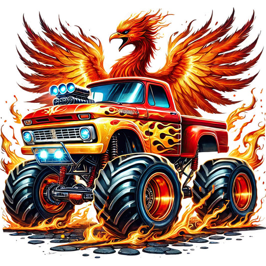 hot rod red, flame orange, golden yellow, bright blue, deep burgundy, fire truck red, monster truck, phoenix bird, wings, flaming, flames, retro, vintage, bold, vibrant, automotive, car, vehicle, muscle car, custom, metallic, chrome, oversized wheels, engine, nostalgic, americana, masculine, action-packed, high-energy, rebellious