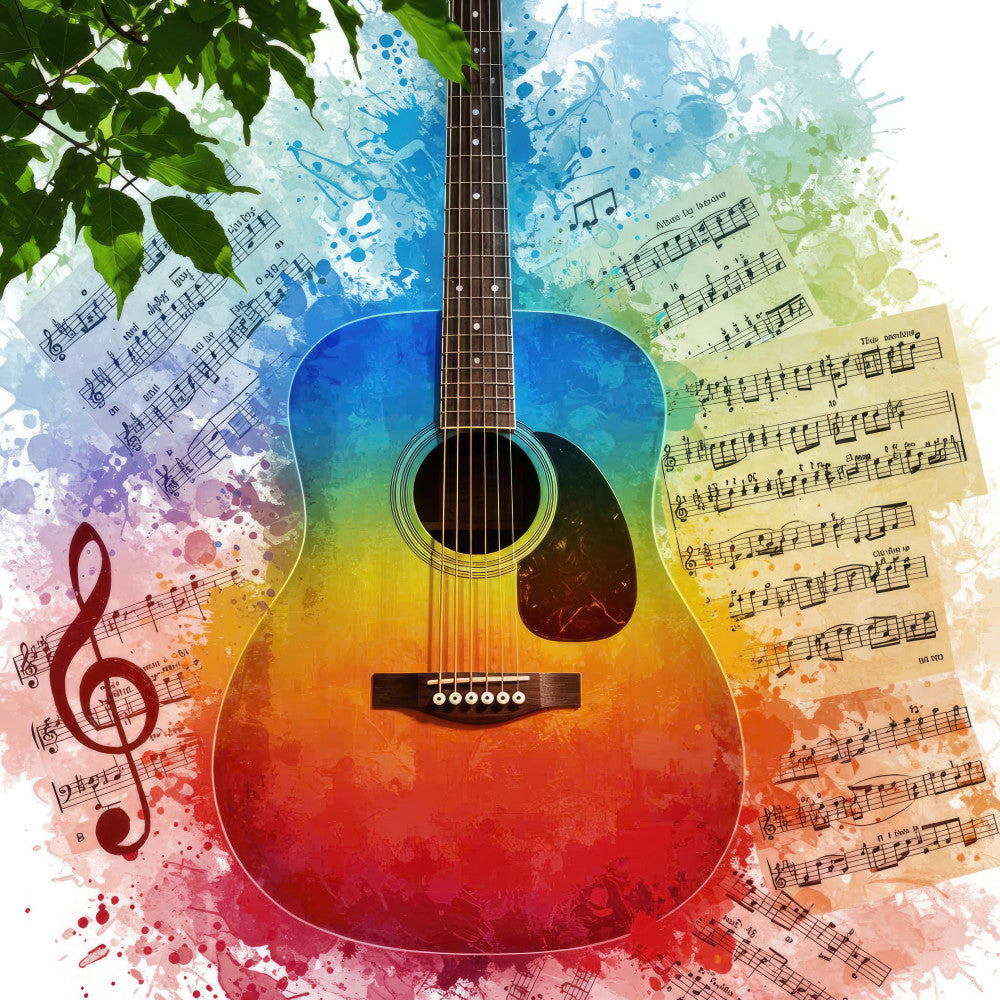 music themed, guitar, acoustic guitar, sheet music, musical notes, treble clef, watercolor, abstract, rainbow gradient, ombre, blue, green, yellow, orange, red, pink, purple, artistic, modern, bohemian, nature inspired, leaves, colorful, vibrant, splatter paint, ink wash, music lover gift, musician, arts and crafts, contemporary