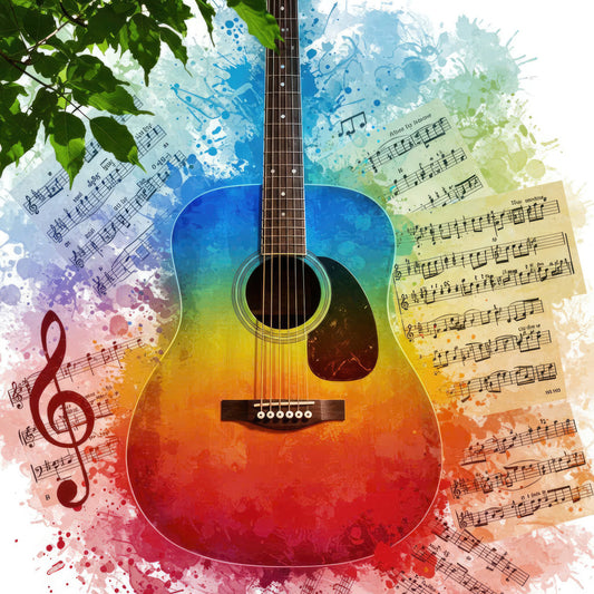 music themed, guitar, acoustic guitar, sheet music, musical notes, treble clef, watercolor, abstract, rainbow gradient, ombre, blue, green, yellow, orange, red, pink, purple, artistic, modern, bohemian, nature inspired, leaves, colorful, vibrant, splatter paint, ink wash, music lover gift, musician, arts and crafts, contemporary