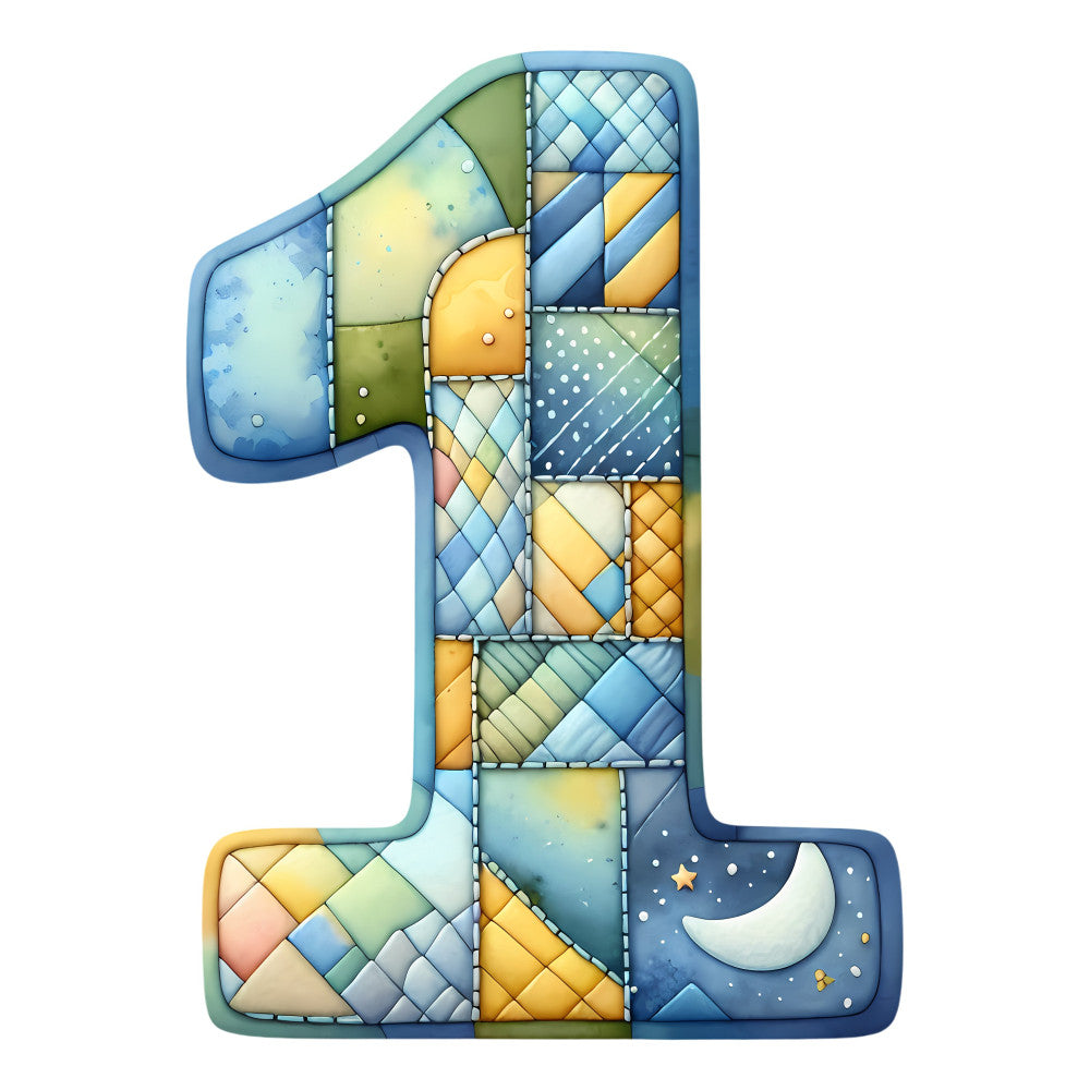 number one, celestial, night sky, moon, stars, quilted, patchwork, geometric, diamond pattern, blue, yellow, gold, soft blue, sage green, cream, navy blue, baby nursery, whimsical, dreamy, soft colors, pastel, children's, bedding, wall hanging, crib quilt, nature inspired, day and night, watercolor, stitched details, charming