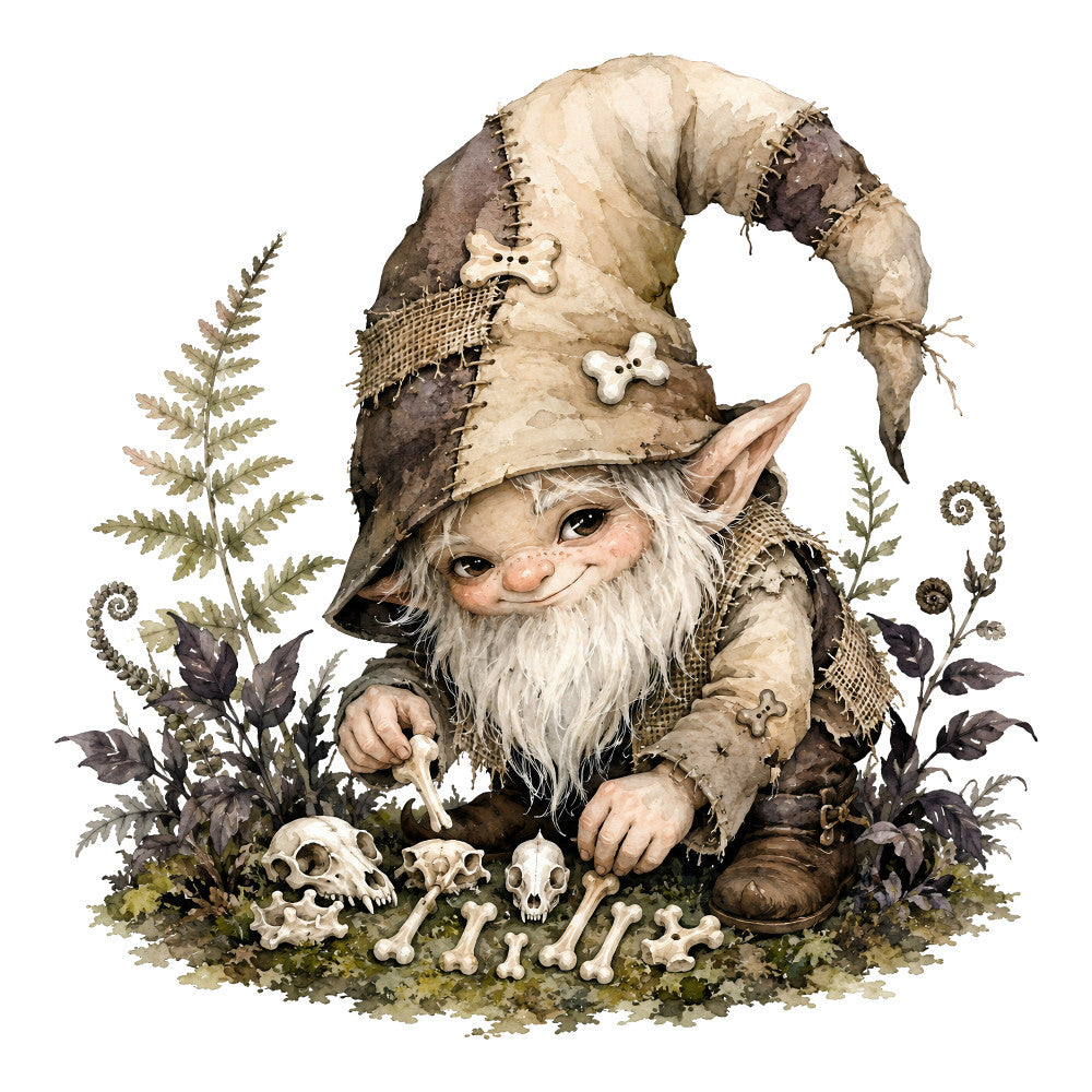 gnome, woodland, forest green, cream, beige, tan, brown, taupe, dark brown, whimsical, fantasy, fairytale, vintage, rustic, earthy, nature, ferns, plants, botanical, bones, skulls, mushrooms, moss, magical, storybook, cottage core, enchanted forest, autumn, earthy tones, wall hanging