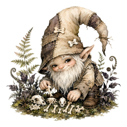gnome, woodland, forest green, cream, beige, tan, brown, taupe, dark brown, whimsical, fantasy, fairytale, vintage, rustic, earthy, nature, ferns, plants, botanical, bones, skulls, mushrooms, moss, magical, storybook, cottage core, enchanted forest, autumn, earthy tones, wall hanging