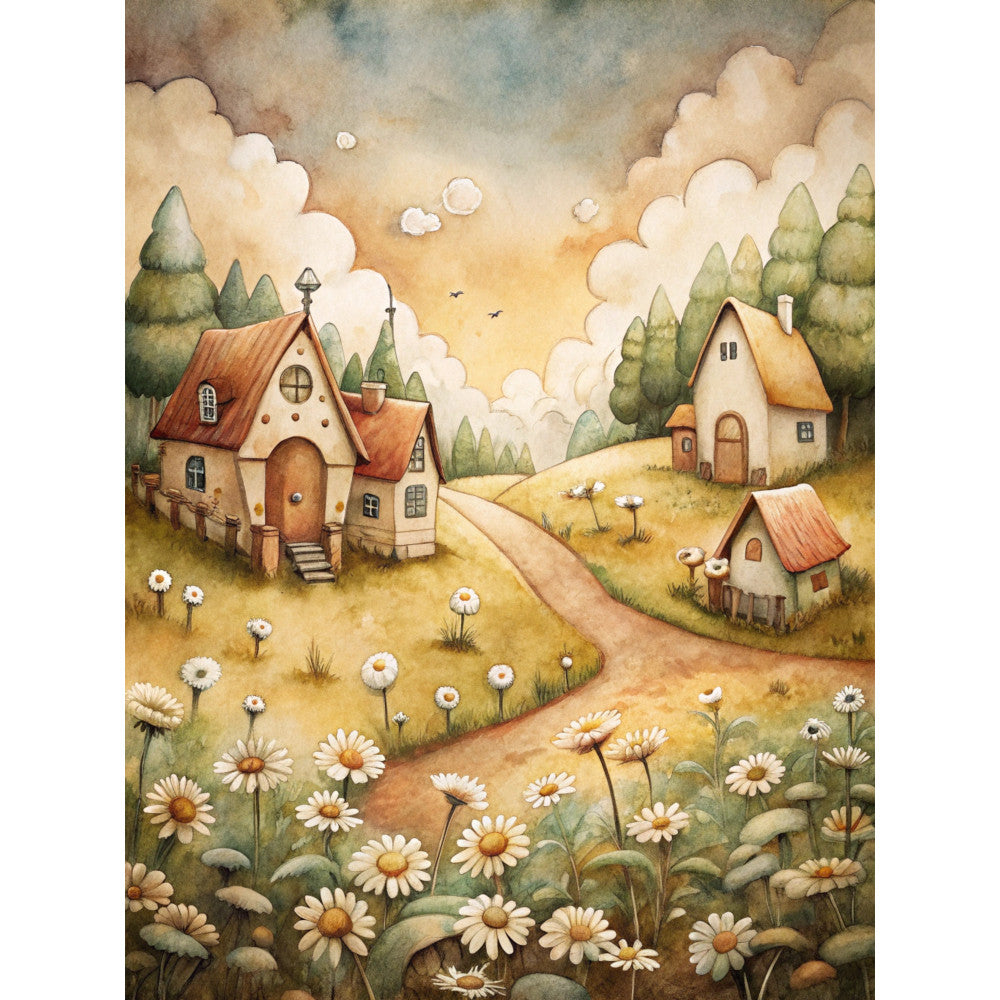 watercolor style, storybook village, cottage houses, winding path, daisy flowers, green trees, warm sunset, clouds, pastoral scene, whimsical illustration, earth tones, orange rooftops, fabric panel, quilting cotton, countryside landscape, fairy tale mood, soft colors, rolling hills, botanical elements, charming homes
