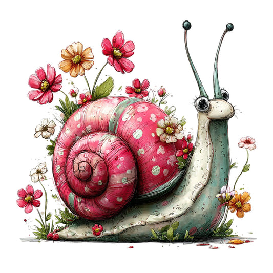hot pink snail, rose pink, coral orange, sage green, cream white, charcoal gray, whimsical animals, garden snails, floral, nature, botanical, spring, summer, cottage core, whimsical style, quirky creatures, daisies, cosmos flowers, flower garden, insects, garden theme, children's illustration, storybook style, playful design, artistic illustration, decorative panel, long antennae, spiral shell, garden creatures, nature lovers