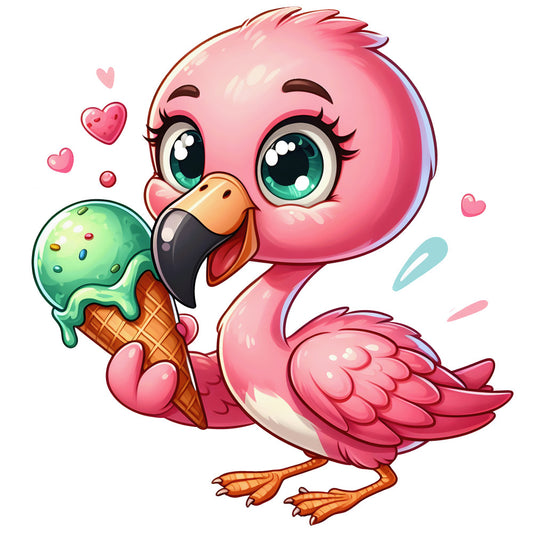 pink flamingo, baby bird, ice cream cone, mint green, coral pink, orange beak, cute cartoon, kawaii style, heart motifs, whimsical design, fabric panel, quilting cotton, nursery theme, adorable character, soft pastels, children's fabric, sweet treats, playful illustration, tropical bird, craft panel