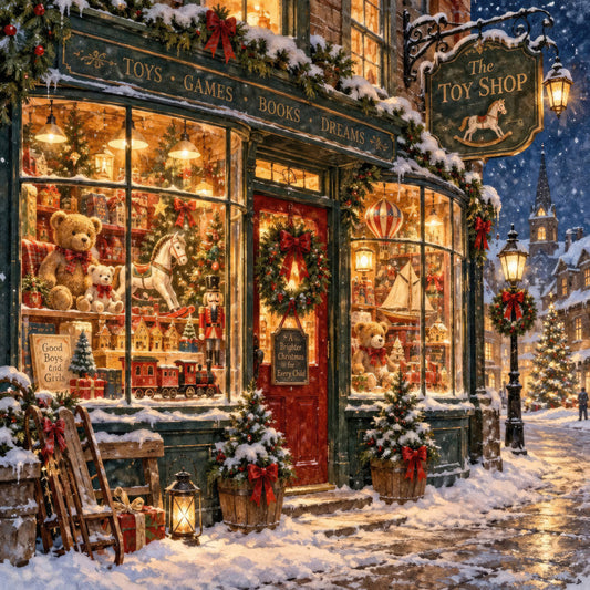 christmas, holiday, vintage, nostalgic, toy shop, teddy bears, rocking horse, snow, winter, storefront, victorian, traditional, elegant, whimsical, forest green, cream, gold, red, warm tones, night sky, starry, festive, cozy, charming, nursery rhyme, classic, timeless, seasonal, retro, old-fashioned
