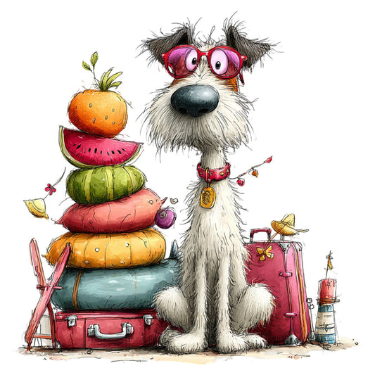 whimsical dog, travel theme, adventure, suitcases, luggage, rust red, coral pink, orange, seafoam blue, soft yellow, black nose, fuzzy texture, playful, children's, storybook illustration, animals with accessories, glasses, collars, fruit stack, watermelon, citrus, whimsy, kids fabric, adventure travel, cute dog, folk art style, charming character, vintage suitcase, summer travel