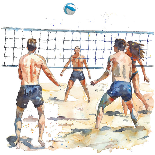 beach volleyball, sports, summer, watercolor, athletes, sandy beach, ocean, nautical, blue, tan, beige, coral, navy blue, active lifestyle, recreation, leisure, contemporary, artistic, abstract, figure illustration, people, outdoor sports, casual wear, coastal, seaside, watercolor painting style, modern, dynamic movement, team sports